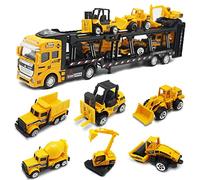 OTONOPI Car Transport Truck Toy Construction Truck Diecast Cars Play Vehicle Set Carrier Trailer Truck with Mini Crane Excavator Digger Dumper Tractor for Kids Pack of 7