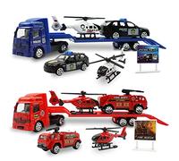 OTONOPI Fire Engine Police Car Emergency Toy Trailer Including Fire Engine Police Car and Helicopter Die-cast Rescue Vehicles Semi Carrier Truck Gift for Kids