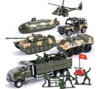 OTONOPI Military Truck Army Vehicle Toy Set with Soldiers, Die-cast Pull Back Combat Helicopter Submarine Tank Armored Car Panzer Transport Truck for Kids