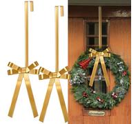 Otoolling 2 Pack Christmas Wreath Hangers for Front Door Christmas Decoration Metal Bow Door Wreath Hanger Front Gold Bow Garland Hooks Hanging Welcome Sign for Xmas Halloween Fall Decorations