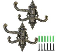 Otoolling 2 Pcs Vintage Cast Iron Wall Hooks Wall Mounted Rustic Metal Towel Hook Heavy Duty Hooks 3 Swing Arm Swivel Coat Hook for Coat Shoe Towel (Gold)