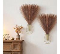 Otoolling 2 Pieces Hanging Plant Wall Decor with Artificial Pampas Grass Metal Hanging Vase Modern Geometric Farmhouse Bohemian Wall Art for Living Room Bedroom Kitchen Bathroom Office(Gold, Brown)