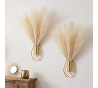 Otoolling 2 Pieces Hanging Plant Wall Decor with Artificial Pampas Grass Metal Hanging Vase Modern Geometric Farmhouse Bohemian Wall Art for Living Room Bedroom Kitchen Bathroom Office(Gold, Beige)