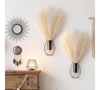 Otoolling 2 Pieces Hanging Plant Wall Decor with Artificial Pampas Grass Metal Hanging Vase Modern Geometric Farmhouse Bohemian Wall Art for Living Room Bedroom Kitchen Bathroom Office (Black, Beige)
