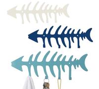 Otoolling 3 Pcs Fish Bones Towel Rack Metal Wall Mounted Nautical Fish Bones Towel Hooks Vintage Decorative Blue Pool Keys Rack Outdoor Ocean Beach Coastal Wall Decor for Beach House Bathroom Kitchen
