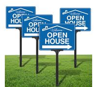 Otoolling 4 Pack Open House Signs for Real Estate Double-Sided Aluminum Yard Signs 15.7" x11.8" with Adjustable 32" Plastic Stakes UV Ink Outdoor Metal Yard Directional Arrows Agent Supplies(Blue)