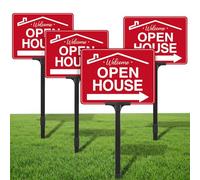 Otoolling 4 Pack Open House Signs for Real Estate Double-Sided Aluminum Yard Signs 15.7" x11.8" with Adjustable 32" Plastic Stakes UV Ink Outdoor Metal Yard Directional Arrows Agent Supplies (Red)