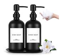 Otoomenz 2 Pack Glass Soap Dispenser Bottle with Pump, 16 Oz Hand Soap Bottle Set with Stainless Steel Pump Soap Tray, Hand and Dish Soap Dispenser for Kitchen & Bathroom with 8 Waterproof Label