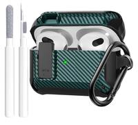 OTOPO for Airpods 3rd Generation Case Cover with Lock Clip, Rugged Case for Airpod 3rd Gen Shockproof Protective Skin with Keychian&Cleaning Kit for Apple iPod 3rd Gen, CF Black/Green