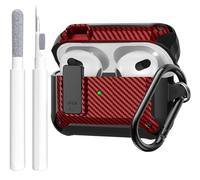 OTOPO for Airpods 3rd Generation Case Cover with Lock Clip, Rugged Case for Airpod 3rd Gen Shockproof Protective Skin with Keychian&Cleaning Kit for Apple iPod 3rd Gen, CF Black/Red