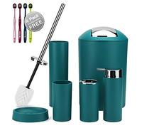 Otostar Bathroom Accessory Set 6 Pcs Plastic Bath Accessories Lotion Bottles,Toothbrush Holder, Soap Dish,Toilet Brush with Holder,Trash Can,Tooth Mug Decor Housewarming Toothbrush Gift (Dark Green)
