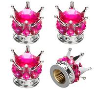 OTOSTAR Bling Tire Valve Stem Caps, 4 Pack Pure Handmade Rhinestones Universal Crown Car Wheel Tire Valve for Car, Bicycle, Motorcycle, Attractive Dustproof Bling Car Accessories (Silver/Hot Pink)