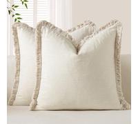 OTOSTAR Set of 2 Linen Fringe Decorative Throw Pillow Covers 20x20 Inch Soft Accent Cushion Covers with Tassels Boho Farmhouse Home Decor Pillowcases for Sofa Couch Patio Bed Living Room, Cream White