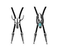 OTOTEC 2Pcs Bolo Necktie Bootlace Cowboy Tie Set 39Inches Leather Rope Cow Skull and Eagle Inlaid Turquoise Design Western Rodeo Theme Silvery