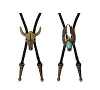 OTOTEC 2Pcs Bolo Necktie Bootlace Cowboy Tie Set 39Inches Leather Rope Cow Skull and Eagle Inlaid Turquoise Design Western Rodeo Theme Brass Color