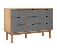 OTTA Drawer Cabinet Brown Grey Solid Pine Wood 111 x 43 x 73.5 cm with 6 Drawers and Storage Space for Bedroom Living Room Hallway Space-Saving and Versatile