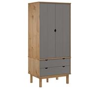 OTTA Wardrobe Brown Grey Solid Pine 76.5 x 53 x 172 cm with 2 Drawers and Large Compartment for Bedroom, Modern Design with Lots of Storage Space and Sturdy Wooden Structure