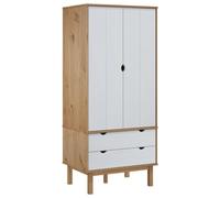 OTTA Wardrobe Brown White Solid Pine Wood 76.5 x 53 x 172 cm with 2 Drawers and Large Compartment for Bedroom Storage and Order in Country House Style