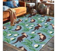Otter Area Rug, Nature Playful Water Lilies Water Summer Blue Low Pile Edge Binding Home Rectangle Carpet Rugs for Living Room Bedroom Under Bed Apartment Decor 5' X 7'