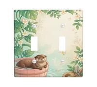 Otter Bathroom Double Light Switch Cover Plate, Nature Fanciful Leaves Flowers Summer Green Plastic Standard Size Wall Switch Plates Accents for Living Room Bedroom Home Office Decor