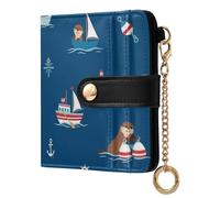 Otter Boat Blue Print Small Women Wallet RFID Blocking Leather Bifold Compact Card Holder with Coin Pocket Zipper Purse for Women Ladies Girls