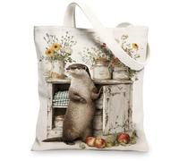 Otter Canvas Tote Bags, Cute Animal Floral Pattern Reusable Bags, Vintage Lightweight Washable Shoulder Strap Canvas Bags f, Beige, 13x15 Inch