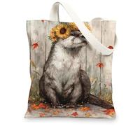 Otter Canvas Tote Bags, Cute Animal Print Reusable Shopping Bags, Fanciful Nature Art Lightweight Washable Shoulder Strap C, Multicolor, 13x15 Inch