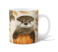 Otter Ceramic Coffee Mug, Autumn Fanciful Pumpkin Leaves Fall Orange Novelty Hot Chocolate Mug with Handle Gift for Friends Family Coworkers Teachers Couples Employees 15 Oz