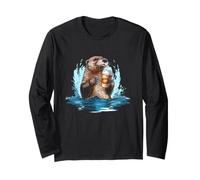 Otter Coffee Lover Cozy River Wildlife Morning Artwork Long Sleeve T-Shirt