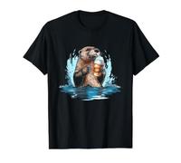 Otter Coffee Lover Cozy River Wildlife Morning Artwork Value Graphic T-Shirt, Men, Black, L