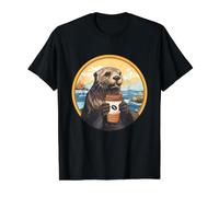 Otter Coffee Lover Cozy River Wildlife Morning Artwork Value Graphic T-Shirt, Men, Black, M