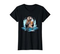 Otter Coffee Lover Cozy River Wildlife Morning Artwork Value Graphic T-Shirt, Women, Black, M
