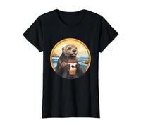 Otter Coffee Lover Cozy River Wildlife Morning Artwork Value Graphic T-Shirt, Women, Black, M