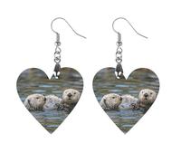 Otter Couple Dangle Earrings for Women Trendy Lightweight Wood Geometric Earring Wooden Bohemian Print Eardrop Vintage Jewelry Gift Mother Valentine's Day, Love, Wood, No Gemstone