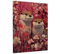 Otter Couple Floral Wall Art, Warm Peach Nature Illustration Prints, Summer Decor for Living Room, Bedroom, Wrapped Canvas 8x10 Inch