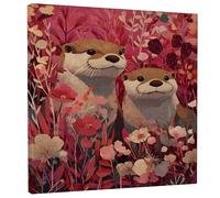 Otter Couple Floral Wall Art, Warm Peach Nature Illustration Prints, Summer Decor for Living Room, Bedroom, Wrapped Canvas 12x12 Inch