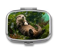 Otter in Kelp Bed Pill Box - 2 Compartment Travel Pill Organizer with Small Mirror, Portable Pillcase for Pocket & Purse, Cute Square Medicine Case, Weekly Medicine Container