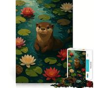 Otter in Lily Pond Illustration 1000 Adult Pieces Jigsaw Puzzle Mind Challenge Toy Together Fun Quality Cut (38x26cm)