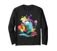 Otter Lover Colorful Abstract River Wildlife Portrait Long Sleeve T-Shirt
