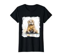 Otter Lover Watercolor River Wildlife Portrait Nature Art Value Graphic T-Shirt, Women, Black, M