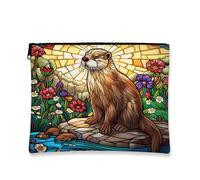 Otter Makeup Bag, Colorful Stained Glass Floral Cosmetic Travel Pouch for Women, Portable Small Canvas Zipper Organizer, Spring Gift Toiletry Bag, Multicolor, 7x9 Inch