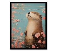Otter On The Water Scent Of Pink Hibiscus Blooms Oil Painting Art Print Framed Poster Wall Decor Artery8 Black W12 inch x H16 inch