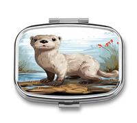 Otter Pill Box 2 Compartment Small Square Pills Case Portable for Pocket Pill Organizer Travel Metal Pill Holder for Office Home Vitamin Medicine Fish Oil