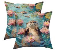 Otter Pillow Covers Set of 2, Cute Watercolor Sea Otter Throw Pillow Cases, Summer Decorative Square Cushion Covers for Home Sofa Bed Couch 16x16 Inch
