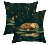 Otter Pillow Covers Set of 2, Sleepy Brown Sea Otter Throw Pillows Case, Cozy Decorative Square Cushion Covers for Home Sofa Bed Couch in Nature Style 16x16 Inch