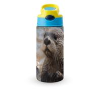 Otter Playing in The Water Flip-top Water Bottle 12 Oz | Push Button Lid | Reusable Leakproof Tumbler for Travel And Sports | Vacuum Insulated Stainless Steel Cup | BPA-Free | Blue