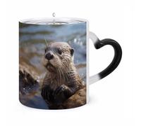 Otter Playing in The Water Mugs Heat Sensitive Color Changing Cup Heart Handle Ceramic Coffee Mugs Morphing Mug Funny Magic Mug Fashion Tea Cup Novelty Coffee Cups for Gift