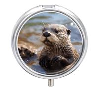 Otter Playing in The Water Pill Box 3 Compartment Round Small Pill Box for Pocket Purse Metal Travel Pill Case Portable Daily Pill Organizer Cute Compact Medicine Organizer Mini Pill Container