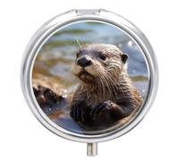 Otter Playing in The Water Travel Pill Box Case 3 Compartment Cute Pill Organizer Metal Pill Holder with Mirror Small Medicine Organizer Daily Pill Container for Purse Pocket Portable Meds Box