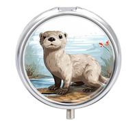 Otter Round Pill Box with Mirror 3 Compartment Portable Pill Case for Travel Outdoor Use Cute Small Pill Organizer for Pocket Or Purse